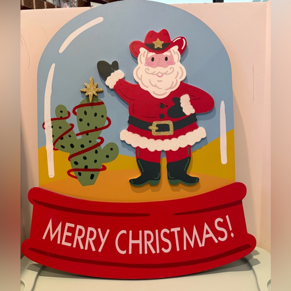 Super Cute HEB Cowboy Santa and Cactus Wooden Snowglobe Door Decoration- NWT